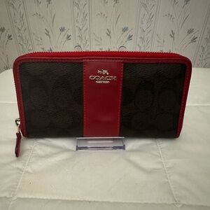 Coach Brown Monogram with Red Trim Wallet